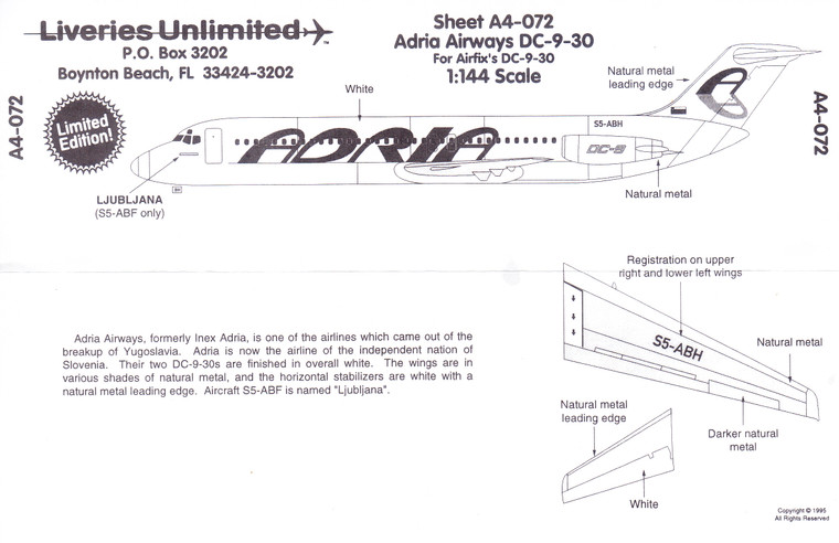 1/144 Scale Decal Adria Airways DC9-30