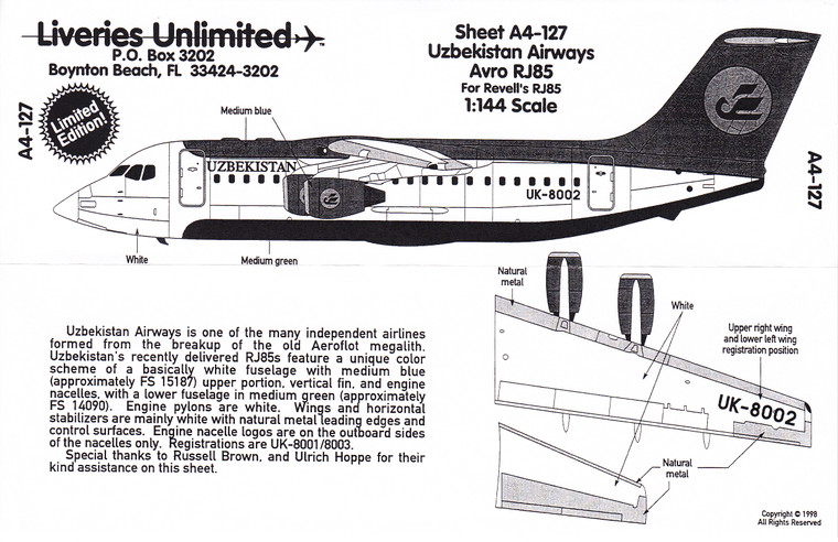 1/144 Scale Decal Uzbekistan Airways RJ-85