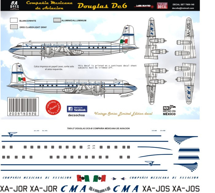 1/72 Scale Decal Mexicana  DC-6 50's