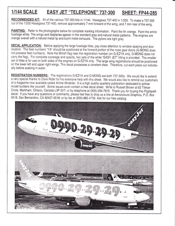 1/144 Scale Decal Easy Jet 737-300 TELEPHONE