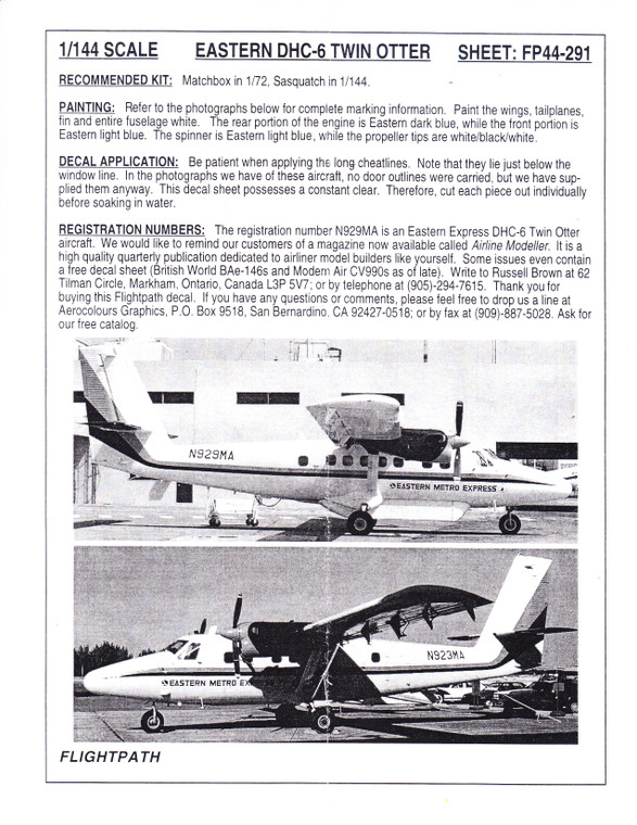1/144 Scale Decal Eastern Metro Express Twin Otter