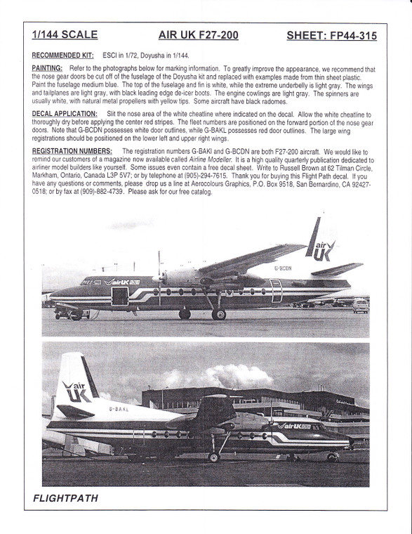 1/144 Scale Decal Air UK F-27