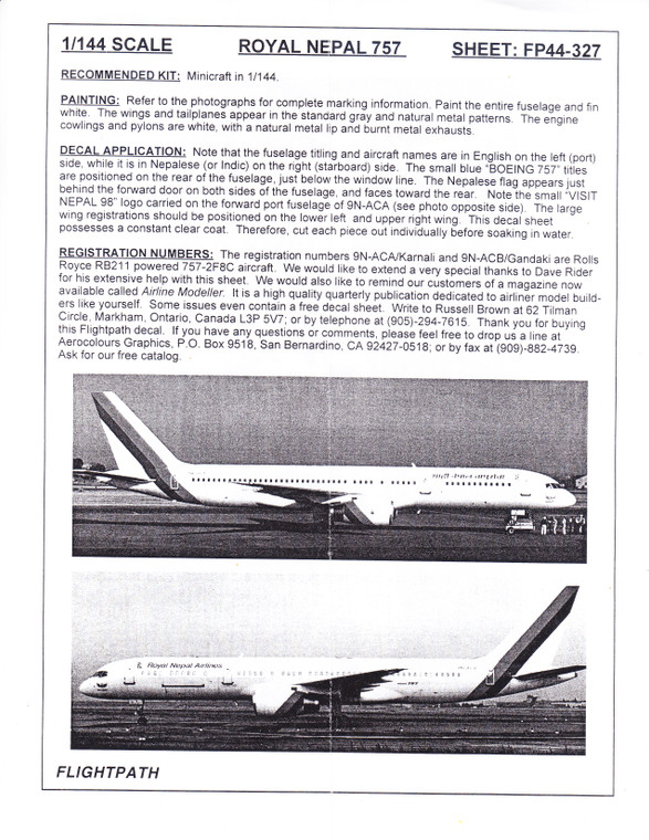 1/144 Scale Decal Royal Nepal Airlines 757