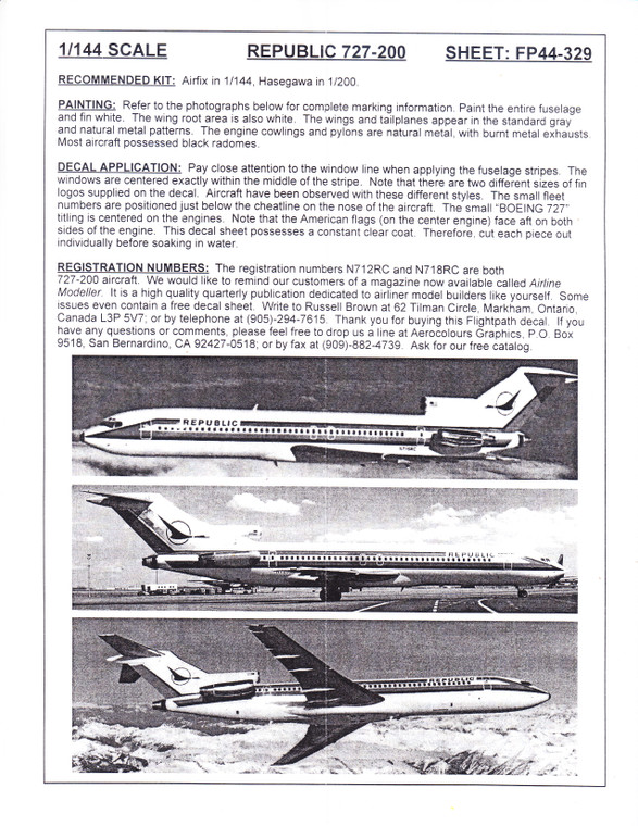 1/144 Scale Decal Republic Airlines 727-200