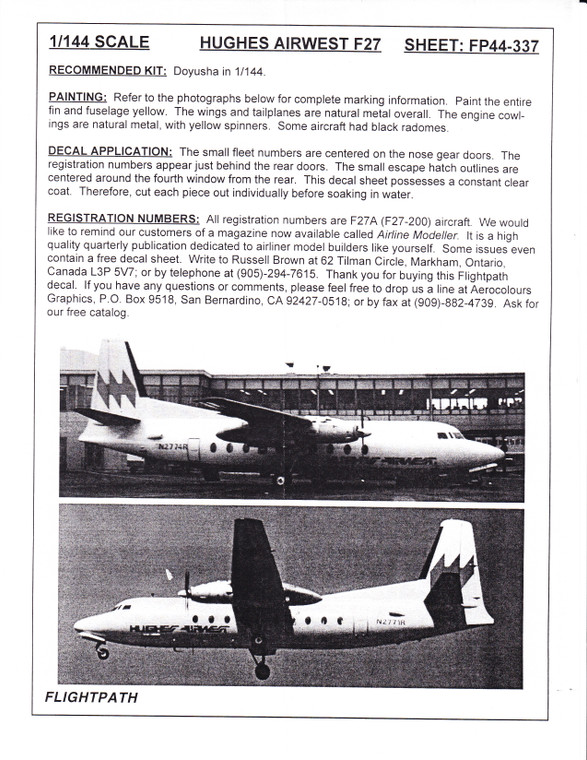 1/144 Scale Decal Hughes Airwest F-27