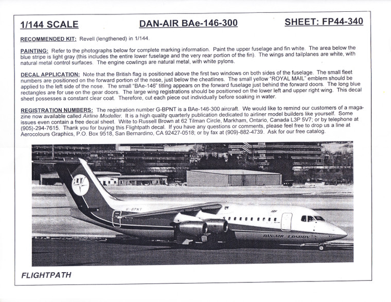 1/144 Scale Decal Dan-Air London BAe-146-300