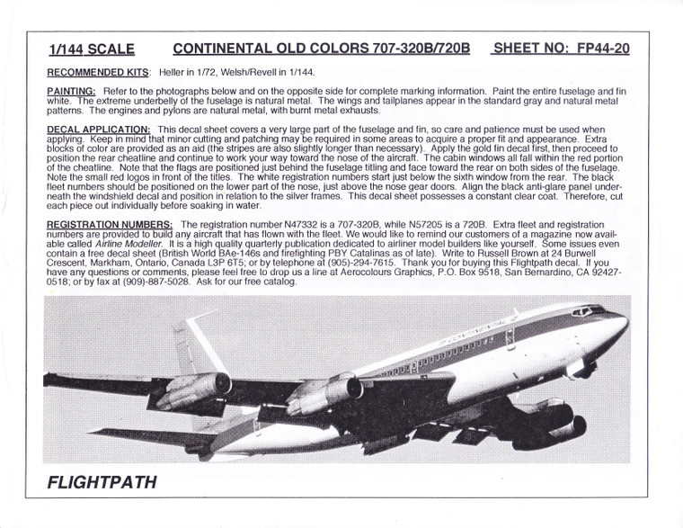 1/144 Scale Decal Continental 707-20B / B720