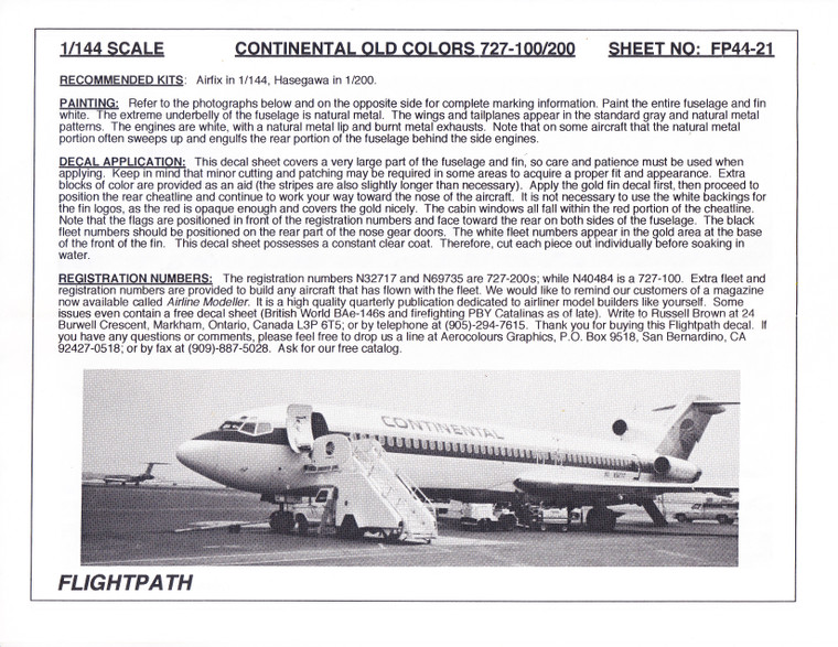 1/144 Scale Decal Continental 727-100 / 200