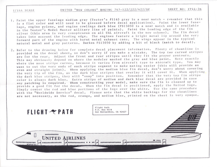 1/144 Scale Decal United Airlines 747-100 / 200 / 400 / SP