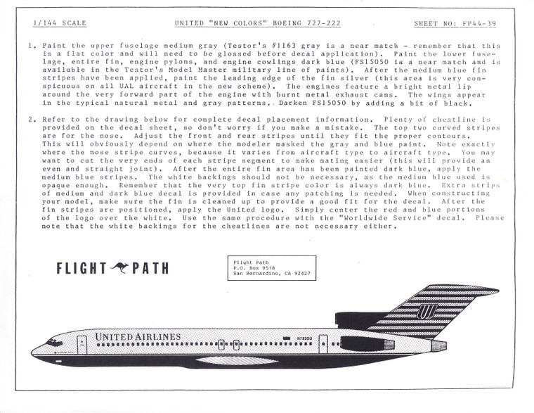 1/144 Scale Decal United Airlines 727-200 Battleship Grey