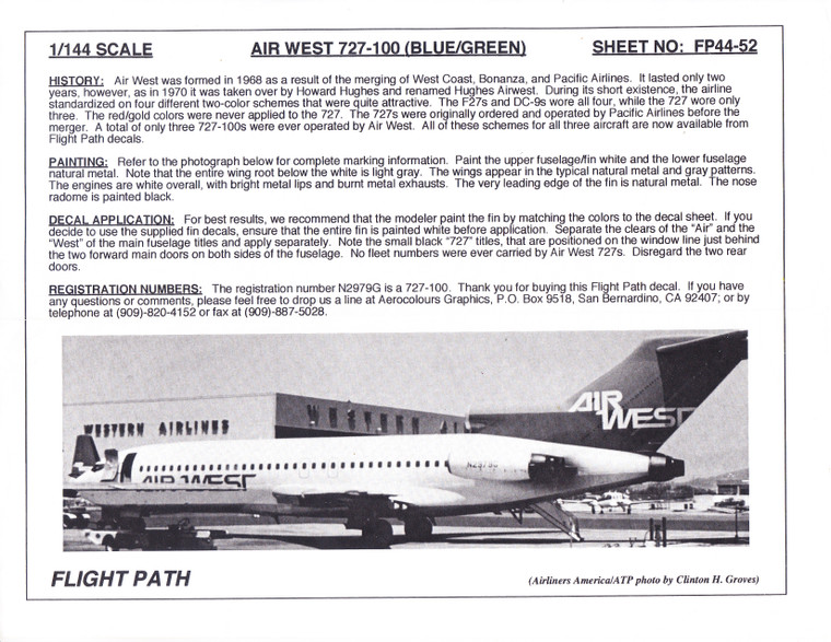 1/144 Scale Decal Air West 727-100 BLUE / GREEN