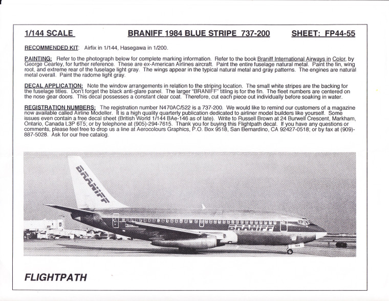 1/144 Scale Decal Braniff 737-200 BLUE STRIPE