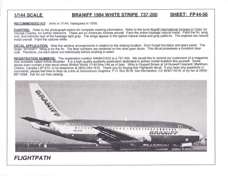 1/144 Scale Decal Braniff 737-200 WHITE STRIPE