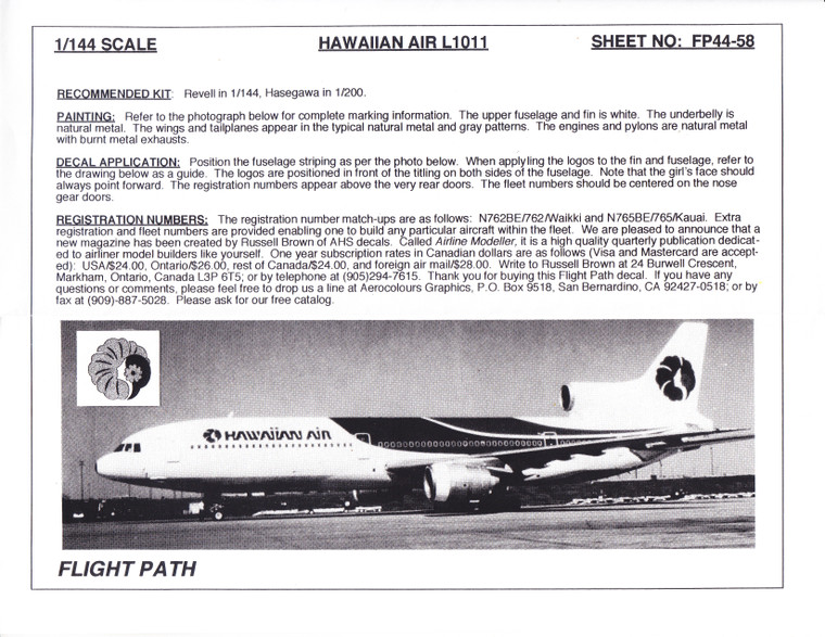 1/144 Scale Decal Hawaiian Air L-1011