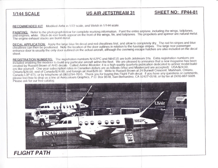 1/144 Scale Decal USAir BAe Jetstream 31