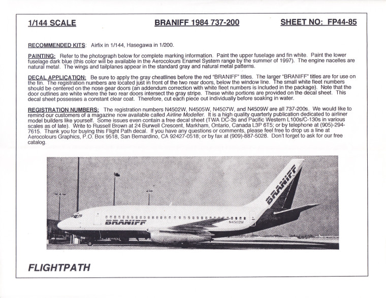 1/144 Scale Decal Braniff 737-200 1984