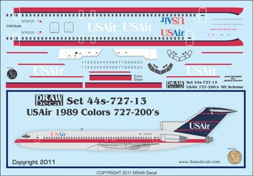 1/144 Scale Decal USAirways 727-200 1989 Livery