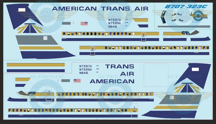 1/144 Scale Decal American Trans Air  707-300 With Lifelike Cockpit & Windows