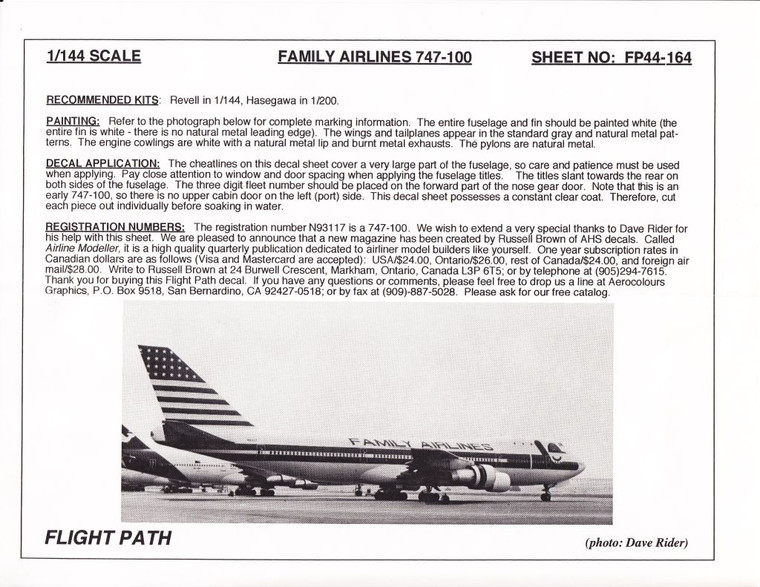 1/144 Scale Decal Family Airlines 747-100