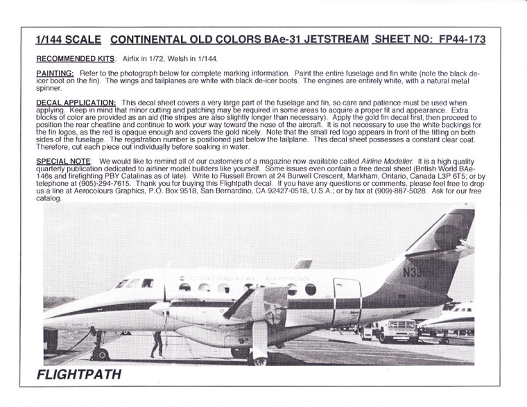 1/144 Scale Decal Continental BAe-31 Jetstream