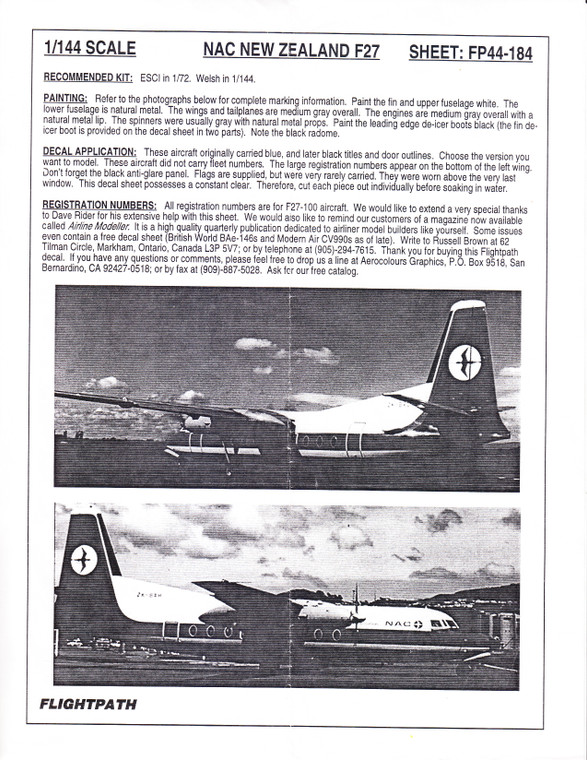 1/144 Scale Decal NAC New Zealand F-27
