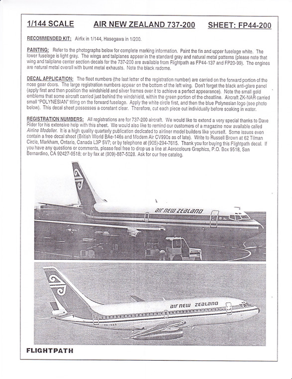 1/144 Scale Decal Air New Zealand 737-200
