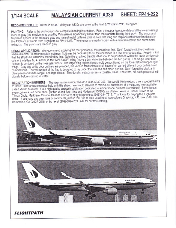 1/144 Scale Decal Malaysia A-330