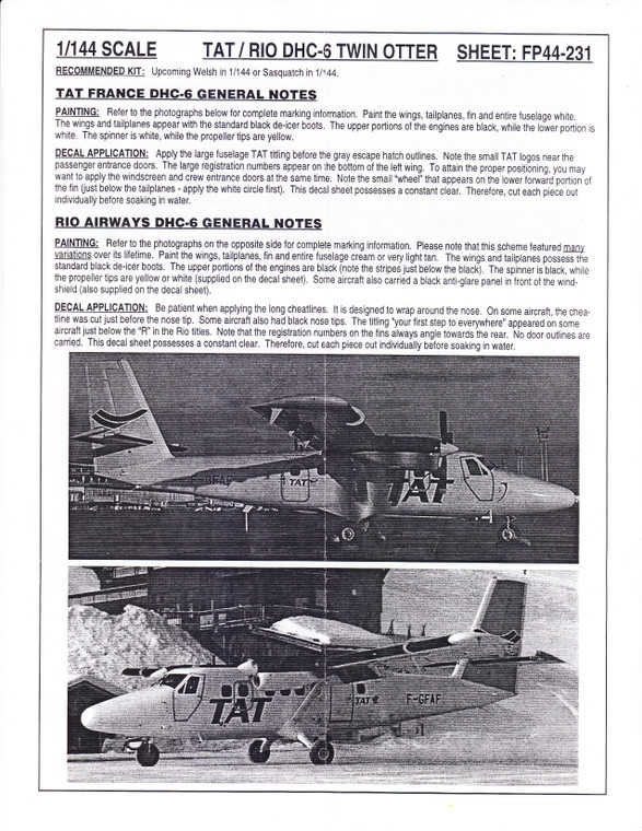 1/144 Scale Decal Rio Air & TAT Twin Otter