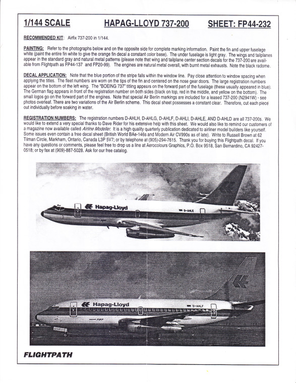 1/144 Scale Decal Hapag-Lloyd 737-200