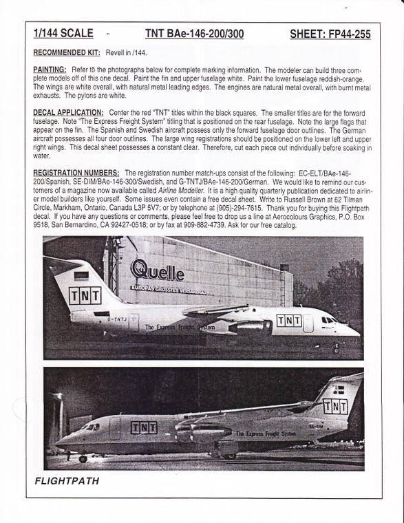 1/144 Scale Decal TNT BAe 146-200 / 300