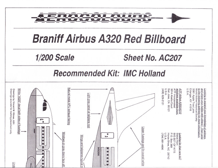1/200 Scale Decal Braniff A-320 RED Billboard