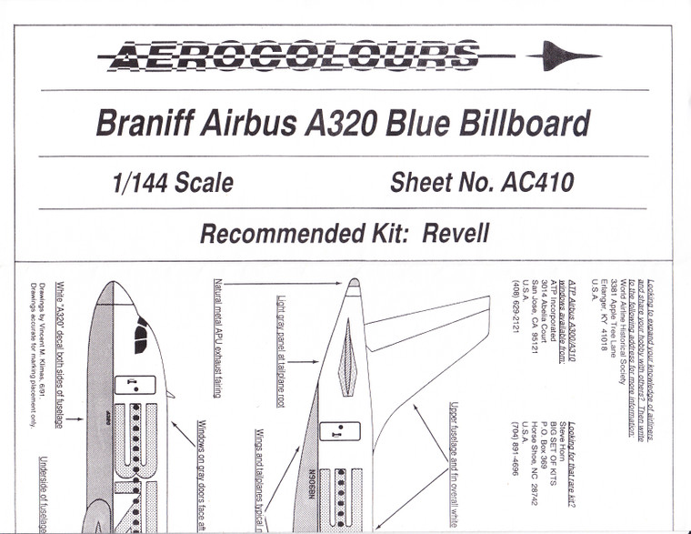 1/144 Scale Decal Braniff A-320 BLUE Billboard