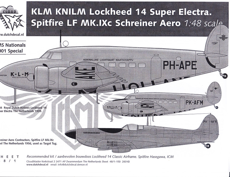 1/48 Scale Decal KLM Lockheed 14 Super Electra / Spitfire