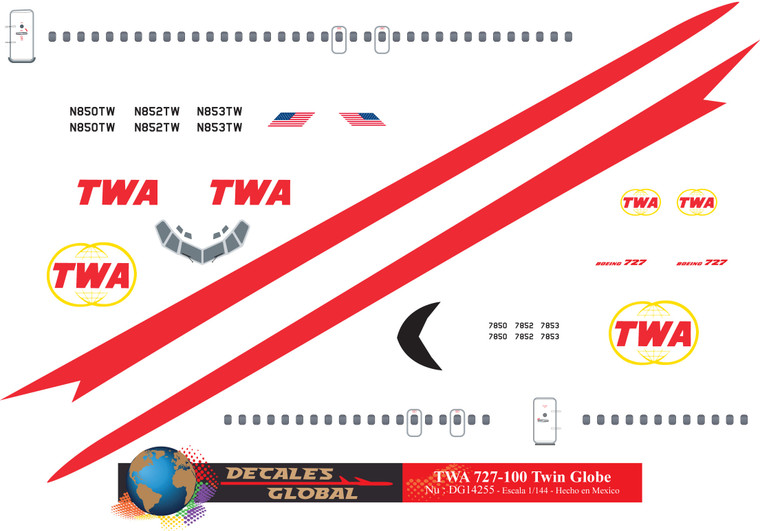 1/144 Scale Decal TWA 727-100 Twin Globes