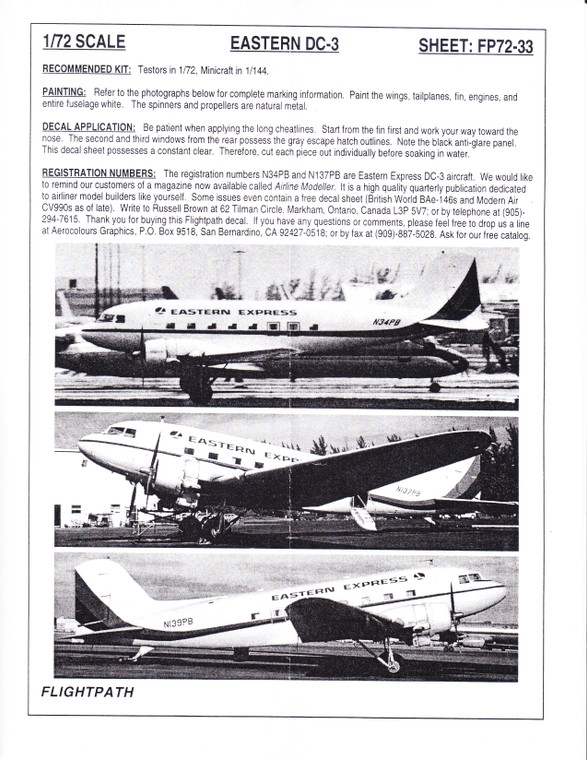 1/72 Scale Decal Eastern Express DC-3