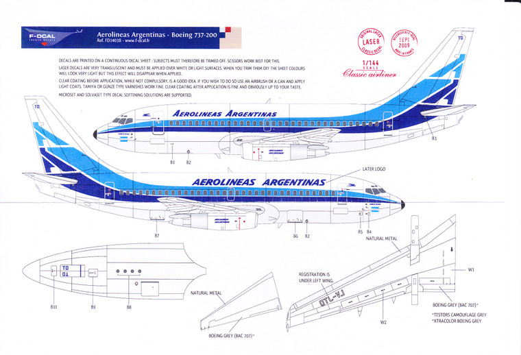 1/144 Scale Decal Aerolineas Argentinas 737-200