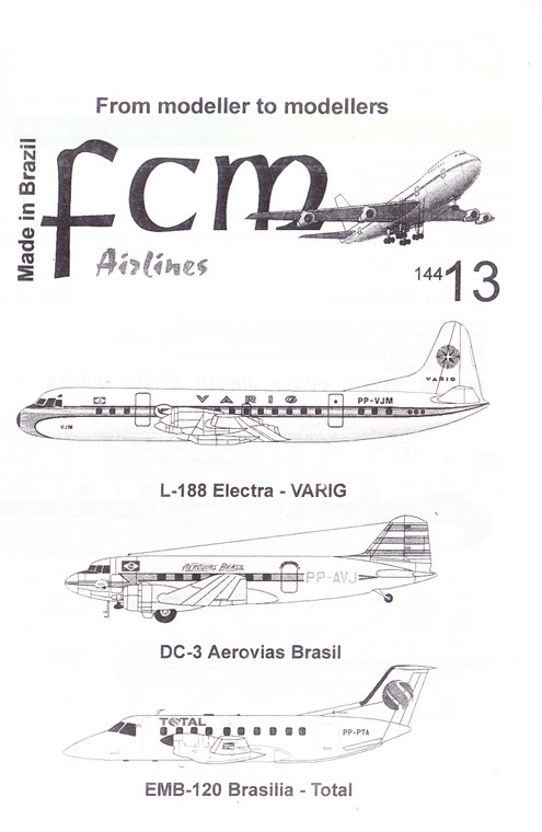 1/144 Scale Decal Varig Electra / Aerovias Brasil DC-3 / Total Brasilia EMB-120