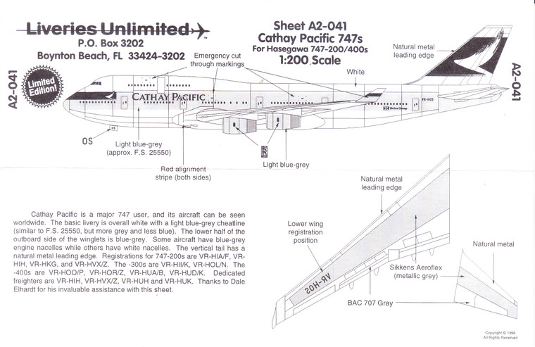1/200 Scale Decal Cathay Pacific 747-200 / 400