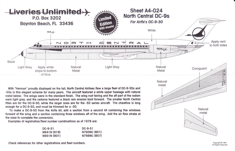 1/144 Scale Decal North Central DC9-30