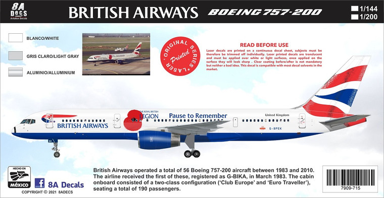 1/144 Scale Decal British Airways 757-200 Poppy