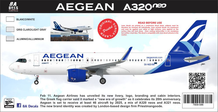 1/144 Scale Decal Aegean A-320 NEO