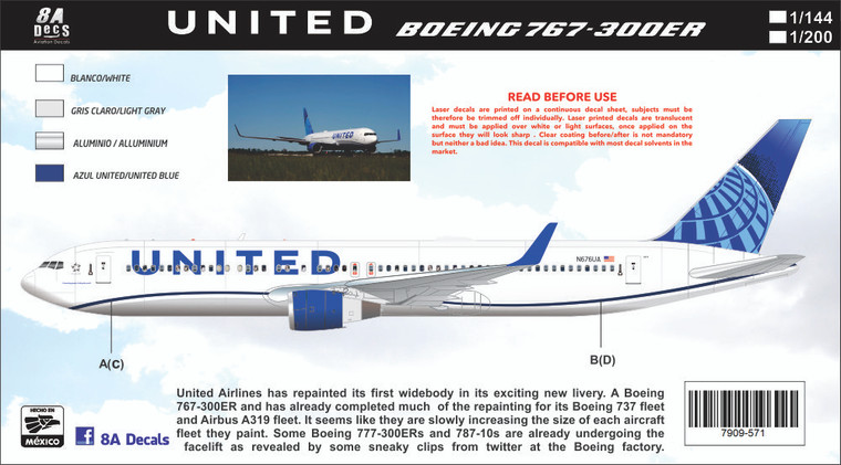 1/144 Scale Decal United Airlines 767-300ER 2019