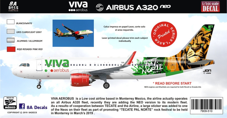 1/144 Scale Decal Viva Aerobus A-320 NEO Tecate Pal Norte