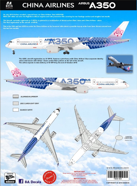 1/144 Scale Decal China Airlines A350-900 Pink Carbon