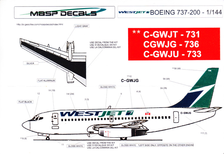 1/144 Scale Decal Westjet 737-200