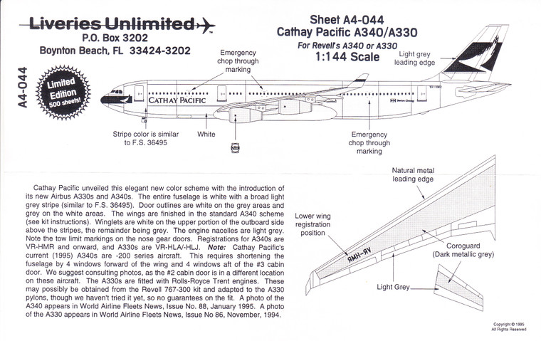 1/144 Scale Decal Cathay Pacific A-340 / A-330