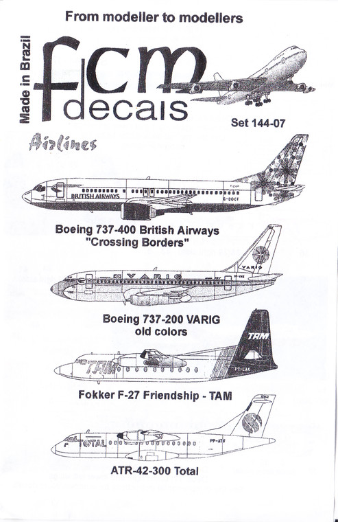 1/144 Scale Decal British Airways 737-400 / Varig 737-200 / TAM F-27 / Total ATR-42