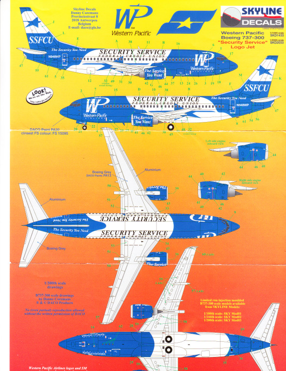 1/144 Scale Decal Western Pacific 737-300 Security Service FCU