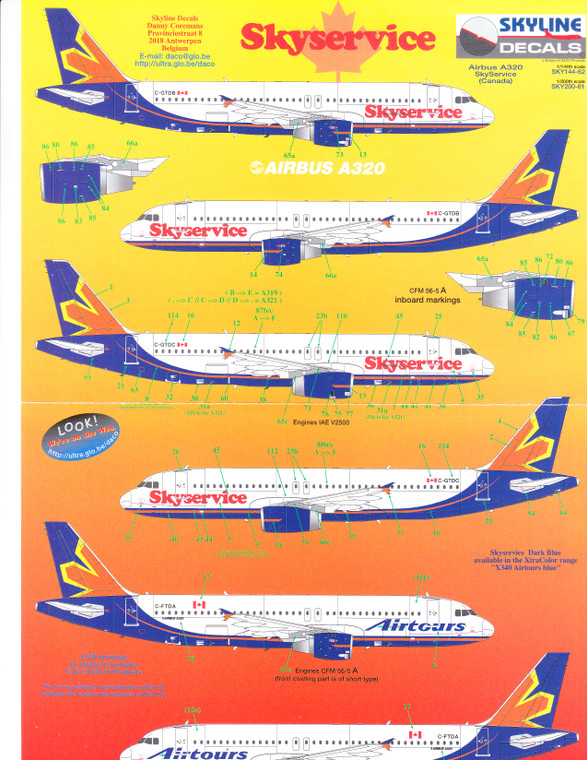 1/144 Scale Decal Skyservice / Airtours A-320 / A-321