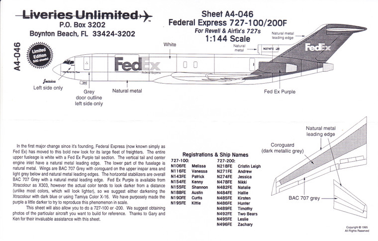 1/144 Scale Decal FedEx 727-100/200F